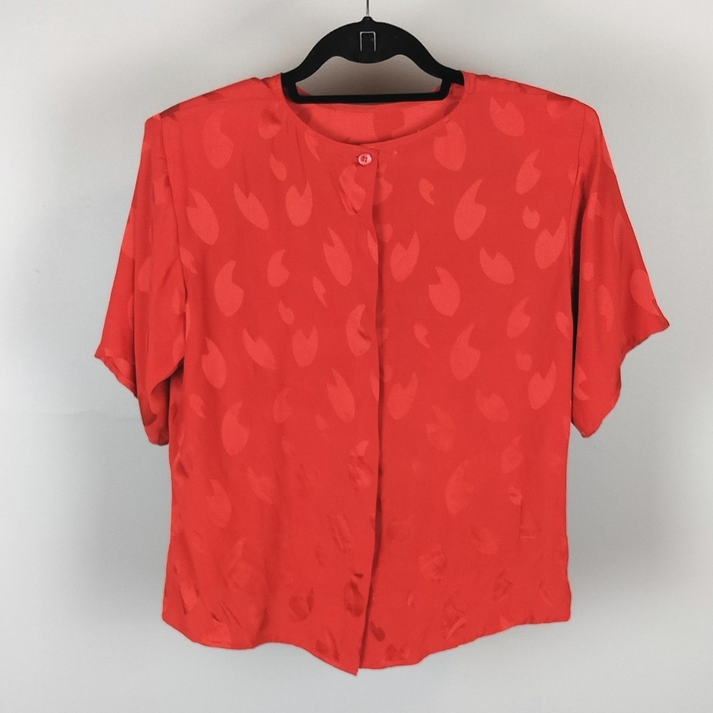 Vintage Annees Lauder Silk‎ Jacquard Button Down Blouse Red Short Sleeve M